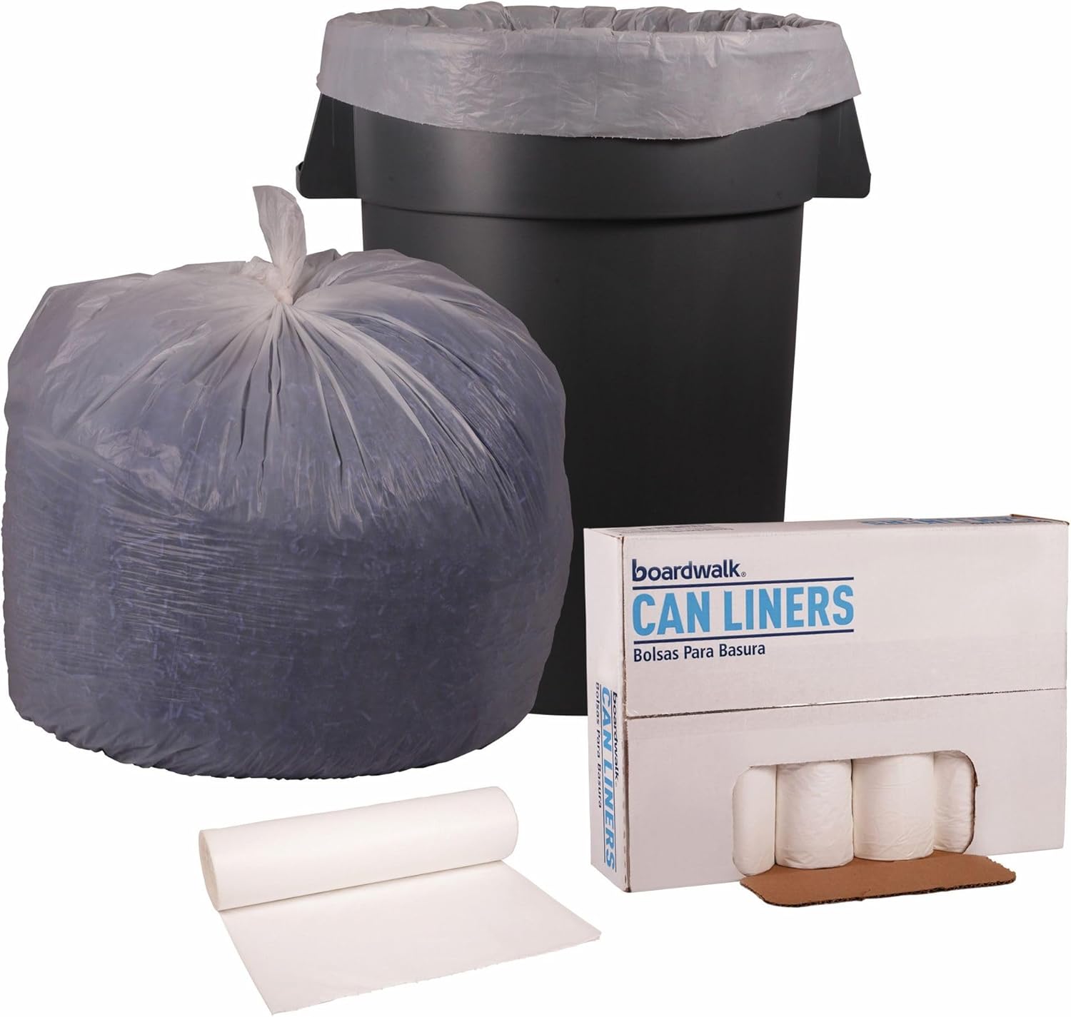 Boardwalk Low-Density Waste Can Liners, 56 gal, 0.6 mil, 43" x 47", White, 25 Bags/Roll, 4 Rolls/Carton