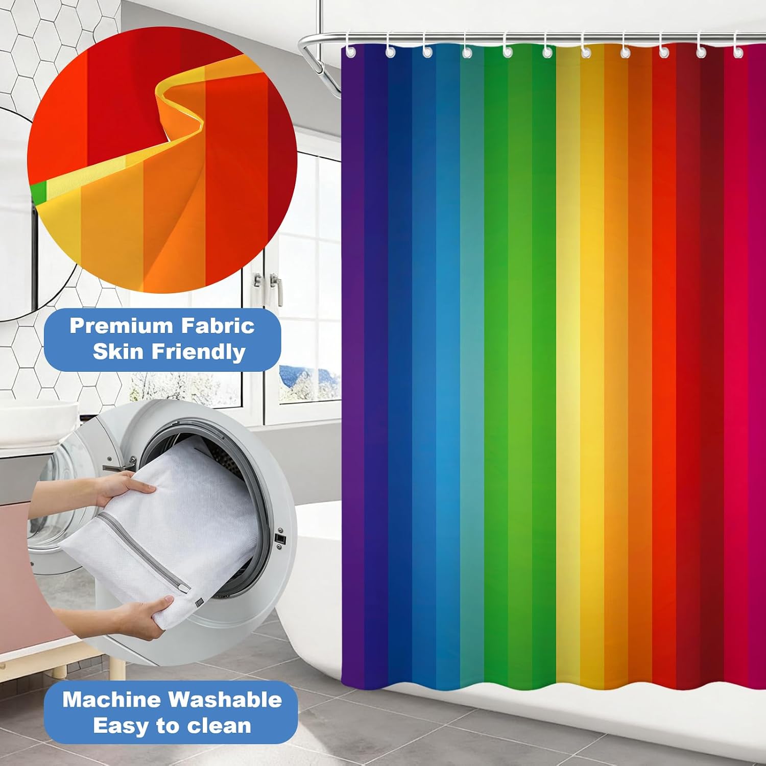 TheBlackSpot Rainbow Shower Curtain Pride Colorful Striped Shower Curtains Abstract Aesthetic for Bathroom Iridescent Stripe Bright Bath Accessories Decor with Hooks 72W x 72H inches