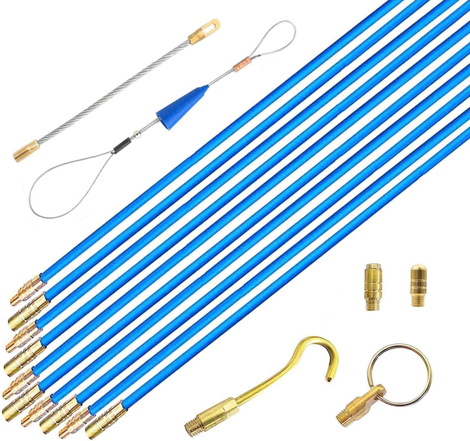 33' Fiberglass Electrical Connectable Fish Tape Pull Kit, Cable Rod Set with Hook and Hole Kit in Transparent Tube, Wire Running Kit Wall Cable Rod Pull Push Tool (Blue, 10Rods x 1M)