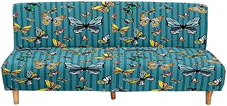 Mateju Armless Sofa Bed Cover, Butterfly Pattern Folding Sofa Bed without Armrests, Non Slip Stretch Futon Slipcover Protector for 2-3 Seater, Washable Couch Bed Slipcovers (Peacock blue,190-230cm)