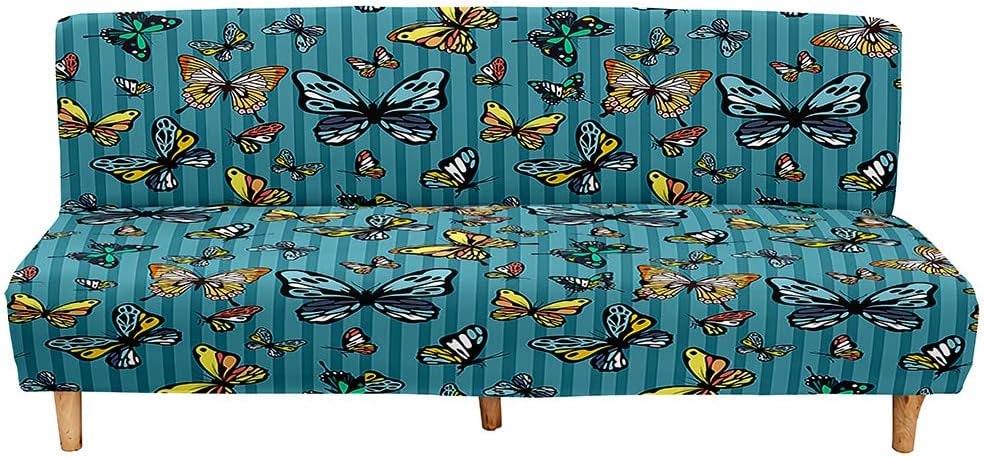 Mateju Armless Sofa Bed Cover, Butterfly Pattern Folding Sofa Bed without Armrests, Non Slip Stretch Futon Slipcover Protector for 2-3 Seater, Washable Couch Bed Slipcovers (Peacock blue,160-190cm)