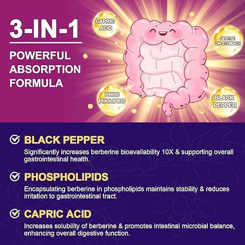 Miniatura 5 de ZEBORA Berberina HCL prémium 1200 mg, suplemento de berberina con canela de Ceilán, ALA y ácido cáprico, apoya el sistema inmunológico,