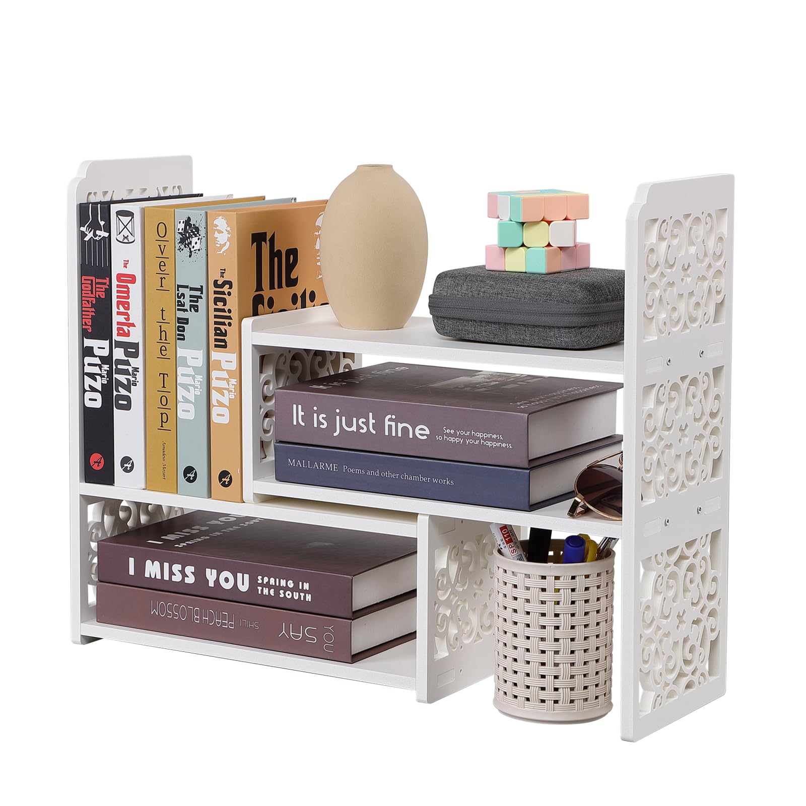 EARTHSON Desk Organizer Shelf, Expandable Bookshelf for Desk, Small Desktop Bookshelf, Mini Cute White Adjustable Office Desk Shelves