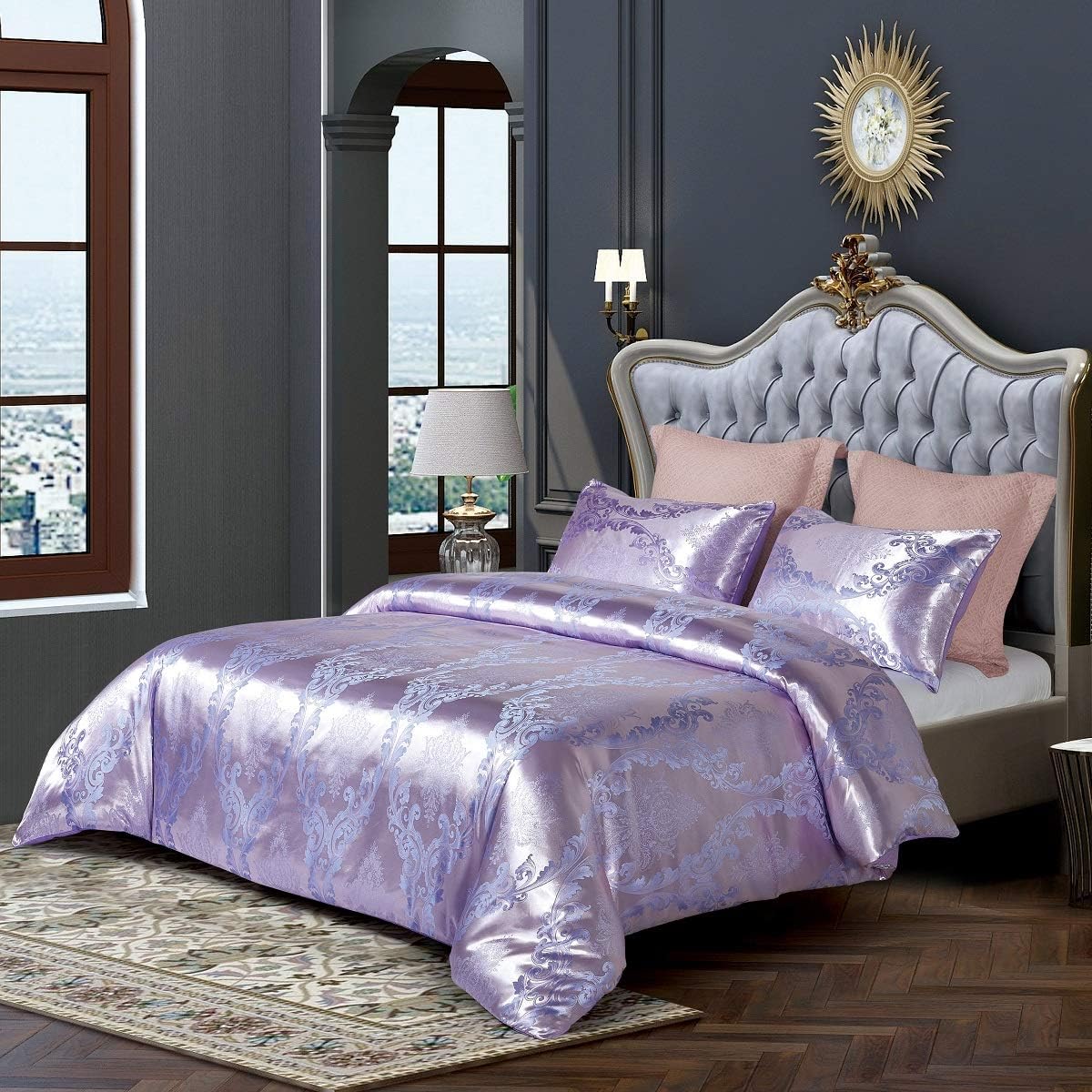 KINBEDY Luxury 3-Piece Satin/Sateen Silky Bed Sheet Set Bedding Collection,Summer Duvet Cover Sets Purple, Queen