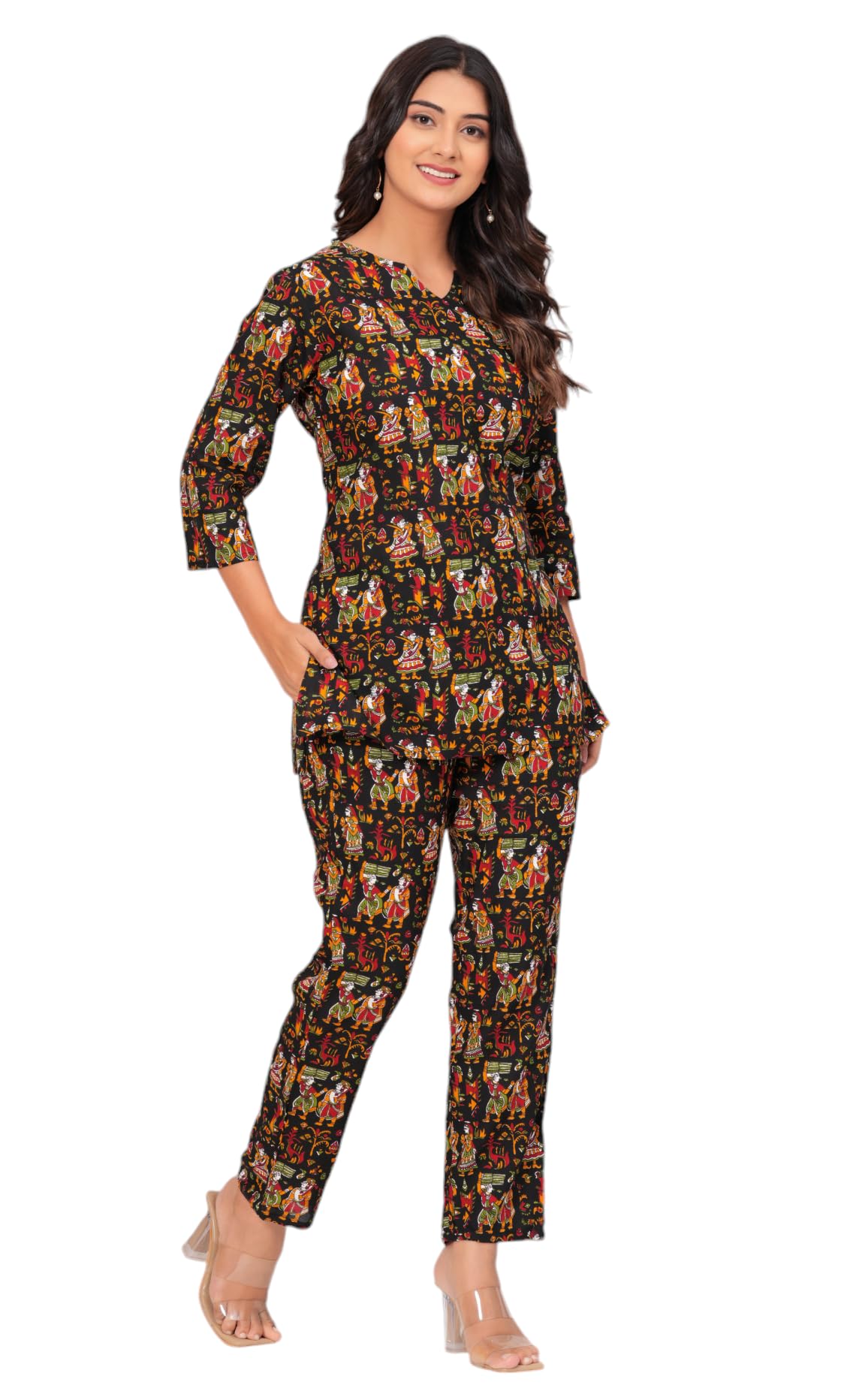 Jikonet Women Cotton Printed Co-Ord Set Kurta Set With Pant Set (Black, Medium)