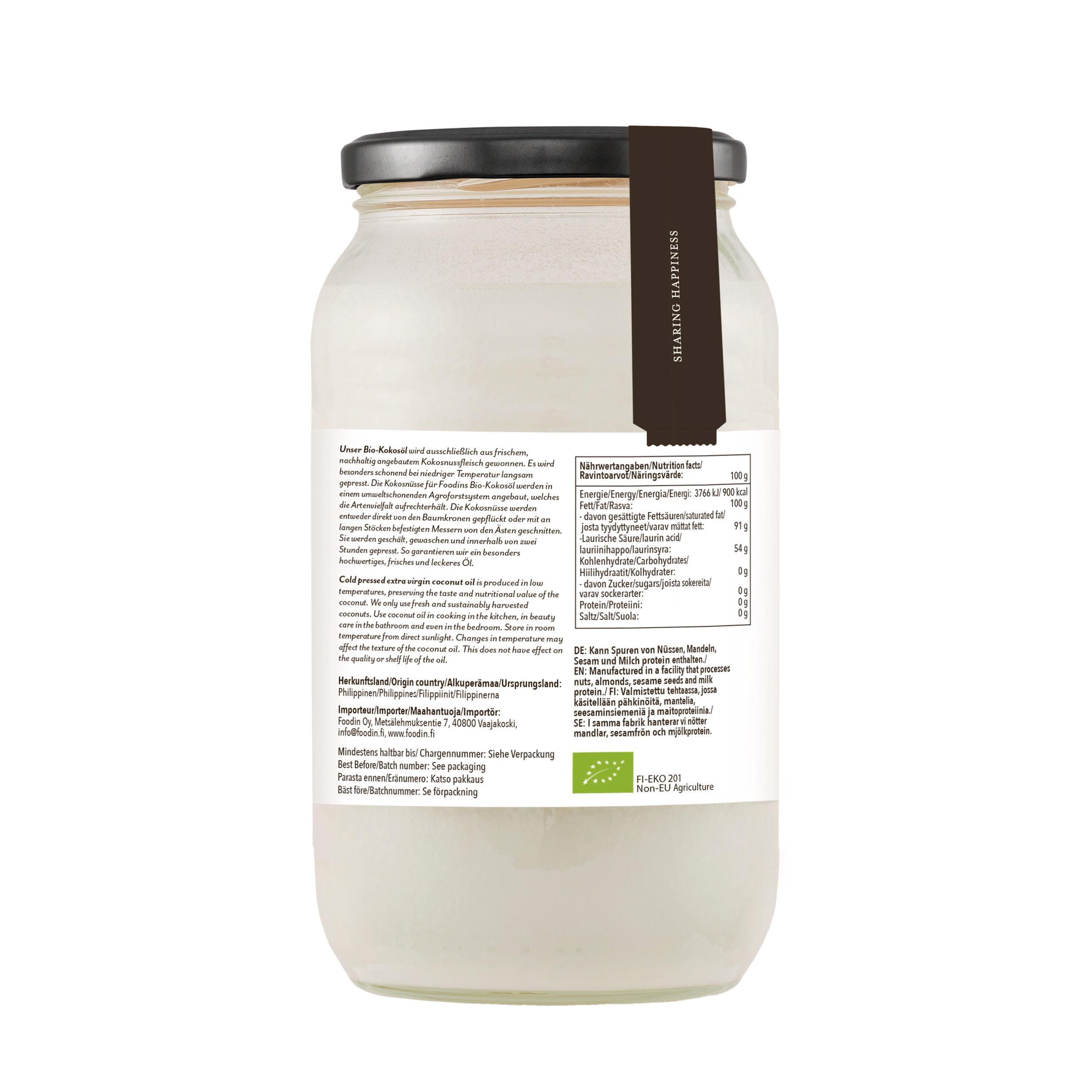 FOODIN Olio di Cocco Biologico Vergine - 100% Naturale e Puro, Ideale per Cucina, Frittura, Pasticceria e Cura di Pelle e Capelli, Spremuto a Freddo (1000 ml, Confezione da 2)