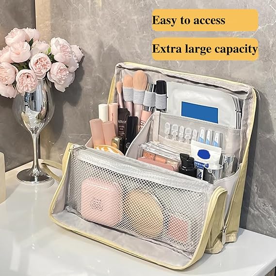 Standing Makeup Bag Portable, Large Capacity,Waterproof Multipurpose Stand Up Toiletry Bags With Compartments, Stationery Organizer With Compartments, Beige