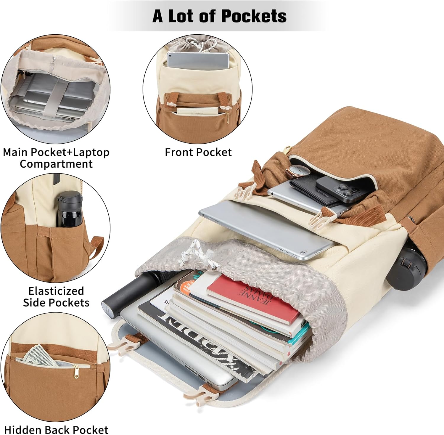 Orvilly Vintage Canvas Laptop Backpack for Women,15.6" Laptop College Rucksack with USB/Type-C Charging Port,Fashion Lightweight Bookbag Hiking Casual Daypack Backpacks for Travel Work（Brown & Beige） - Image 2