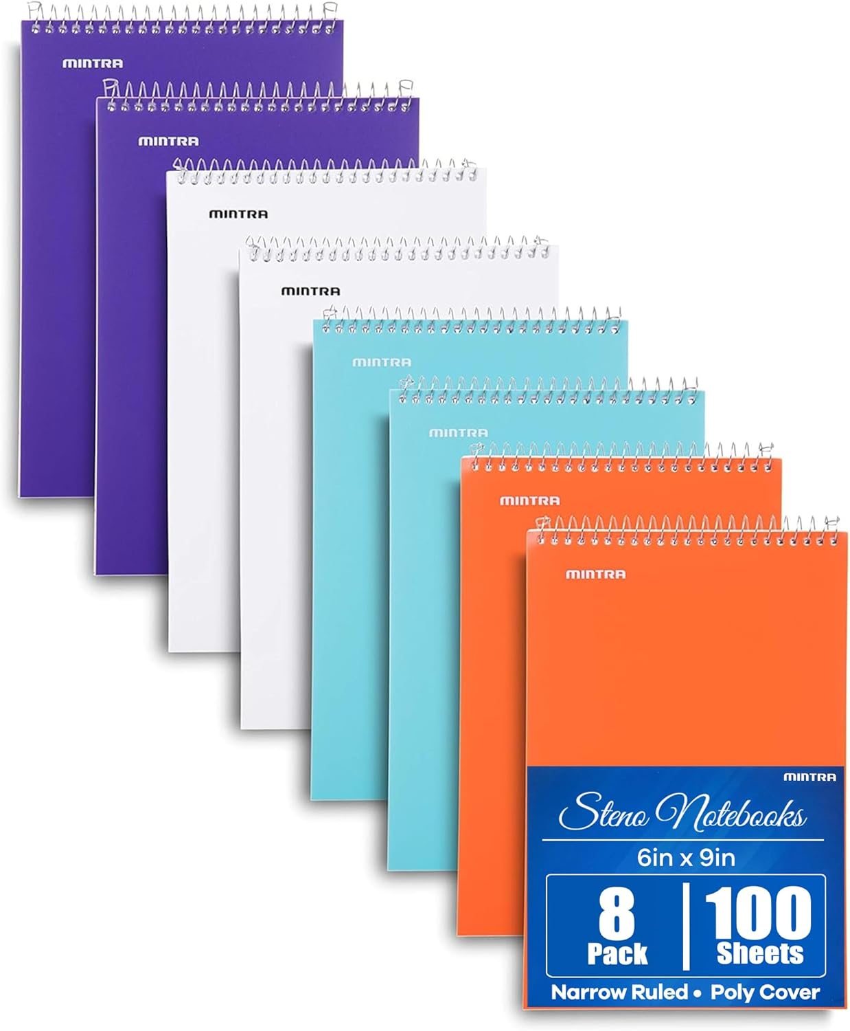 Mintra Office Steno Book - (BRIGHTS - Purp/Wht/Teal/Orange) - Poly Cover, 6in x 9in, 100 sheets, Narrow Ruled for Writing Notes for school, office, work, 6x9 steno notepad, top bound spiral notebook (8 PACK)