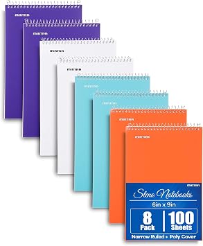 Mintra Office Steno Book - BRIGHTS - Purp/Wht/Teal/Orange - Poly Cover, 6in x 9in, 100 sheets, Narrow Ruled for Writing Notes for school, office, work, 6x9 steno notepad, top bound spiral notebook 8 PACK