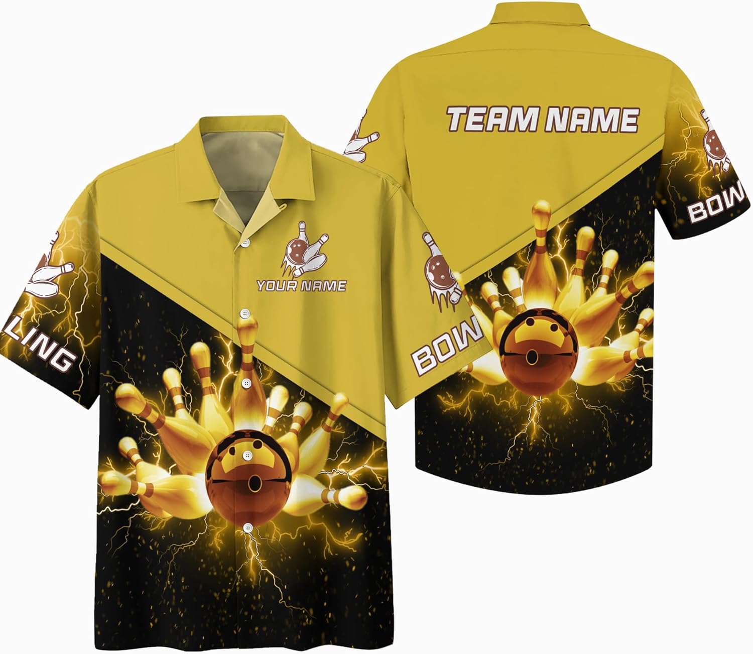 Custom Bowling Hawaiian Shirt 3D Button Shirt with Golden Bowling Theme and Yellow Lightning Pattern Graphic On it for Bowler