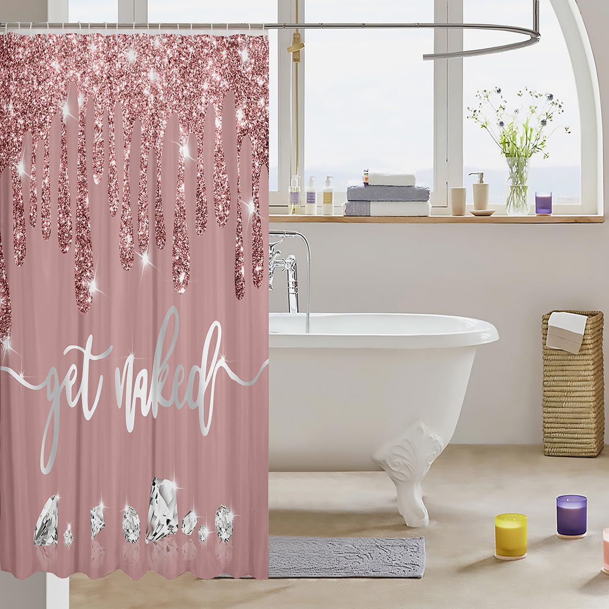 Feelyou Kids Get Naked Shower Curtain 72"x84" Silver Glitter Luxury Diamond Bathroom Shower Curtain Set Boys Girls Rhinestone Crystal Dark Pink Bath Curtain Modern Art Bathroom Accessories(No Glitter)