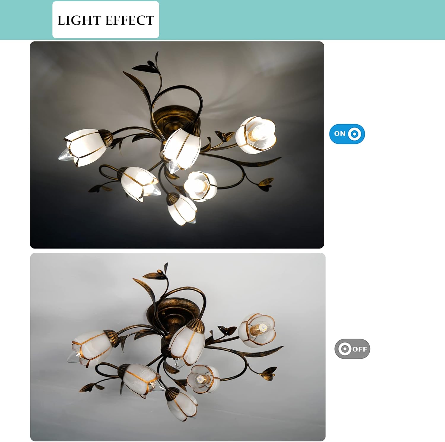 Flower Semi Flush Mount Ceiling Light, Rustic Ceiling Fixture with Frosted Glass Shade, Sputnik Chandelier for Kitchen Bedroom (6 Lights)