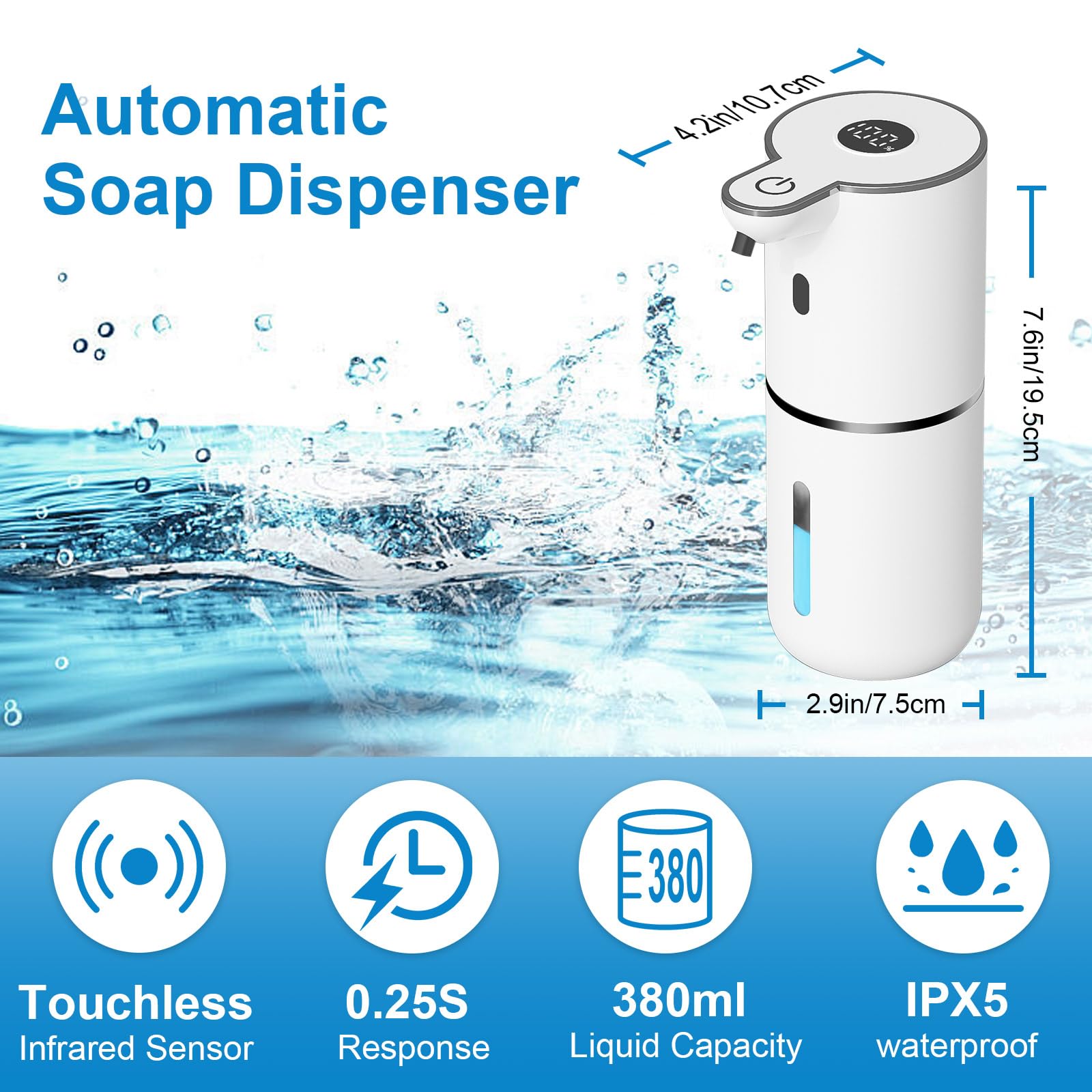 Dispenser automatico di sapone liquido, dispenser di sapone per le mani touchless, dispenser elettrico ricaricabile USB da 380 ml, impermeabile IPX5, montaggio a parete, 6 livelli regolabili