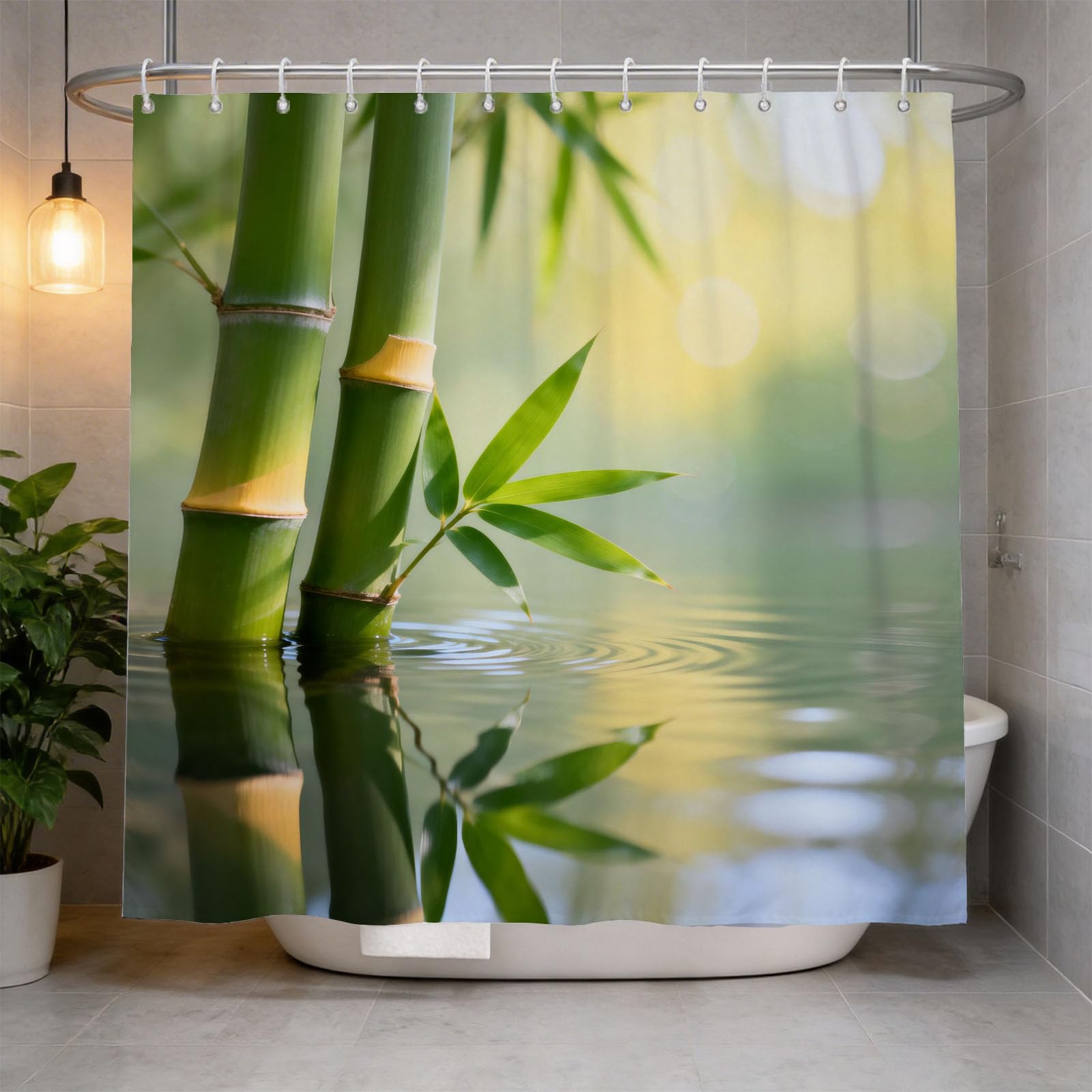 Hongduo 3D Bamboo Shower Curtain for Stalls Bathtubs Oriental Aesthetics Bathroom Decor Shower Curtain Set Polyester Fabric Waterproof 180x180cm/71X71 Inch with Hooks