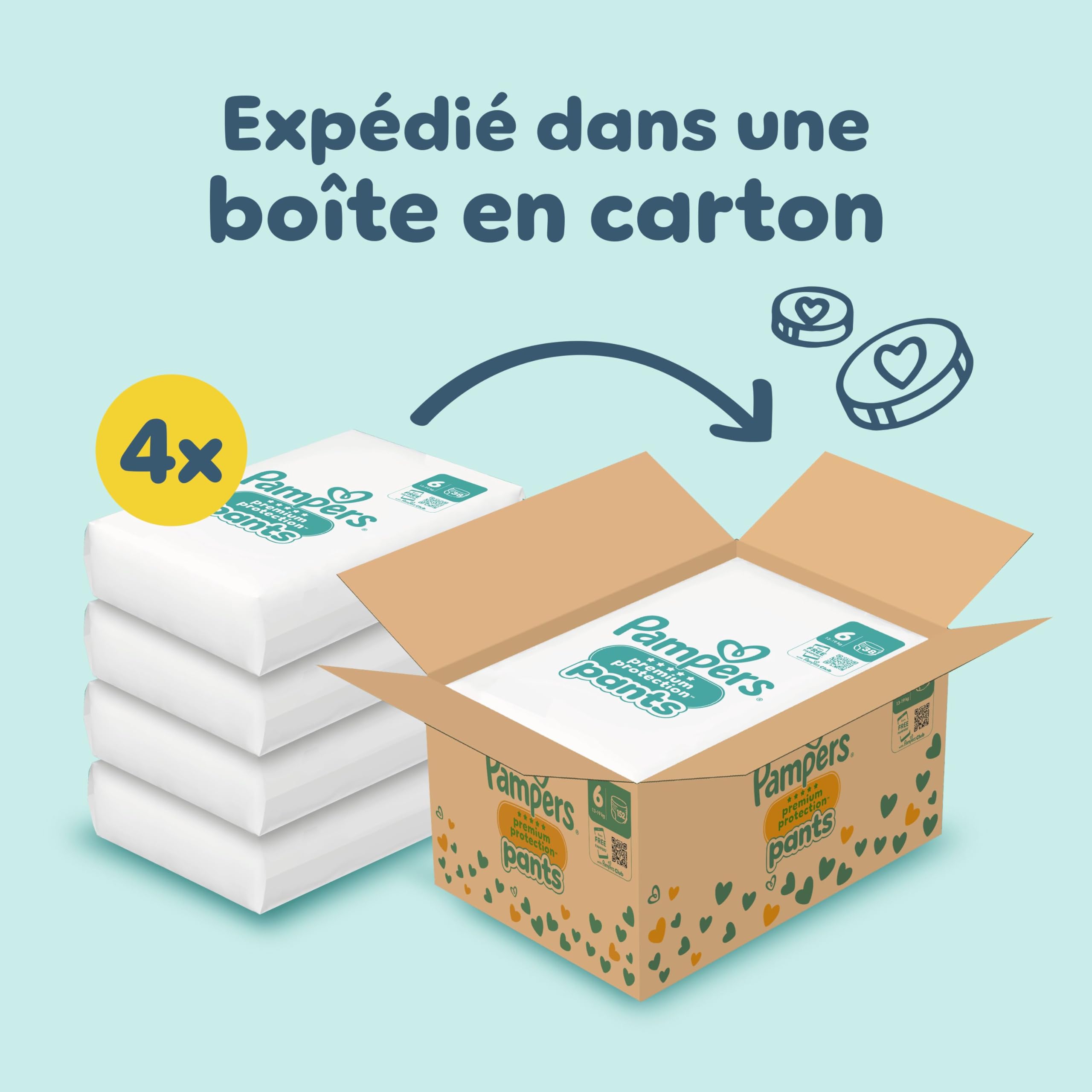 Pampers Premium Protection Pants Taille 6, 152 Couches-Culottes, 13kg-19kg, Maintien 360° et barrières anti-fuites douces pour un confort et une protection optimale, Family Pack - 2