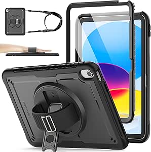 SEYMAC stock Case voor iPad A16 11e/10e Generatie 11/10,9 inch 2025/2022, Lichtgewicht Case met Screenprotector, 360 Draaibare Standaard/handriem, Penhouder & Schouderriem,Lichtblauw Zwart