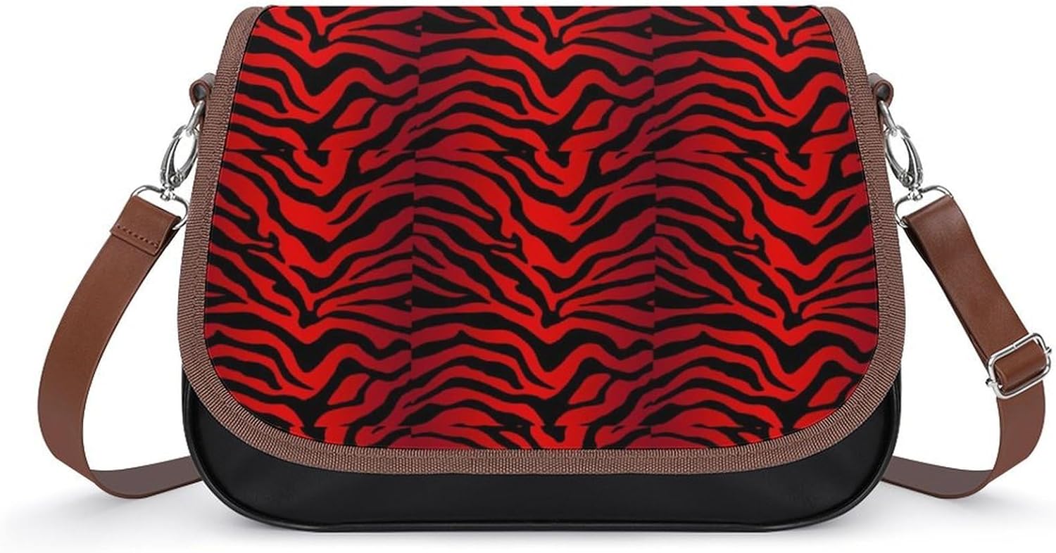 Black And Red Zebra Striped PrintWomen's Faux Leather Crossbody Bag, Waterproof Wrinkle-Resistant Shoulder Bag with Detachable Strap, Large Capacity Casual Handbag, Fashion Daily Purse for Shopping Wo