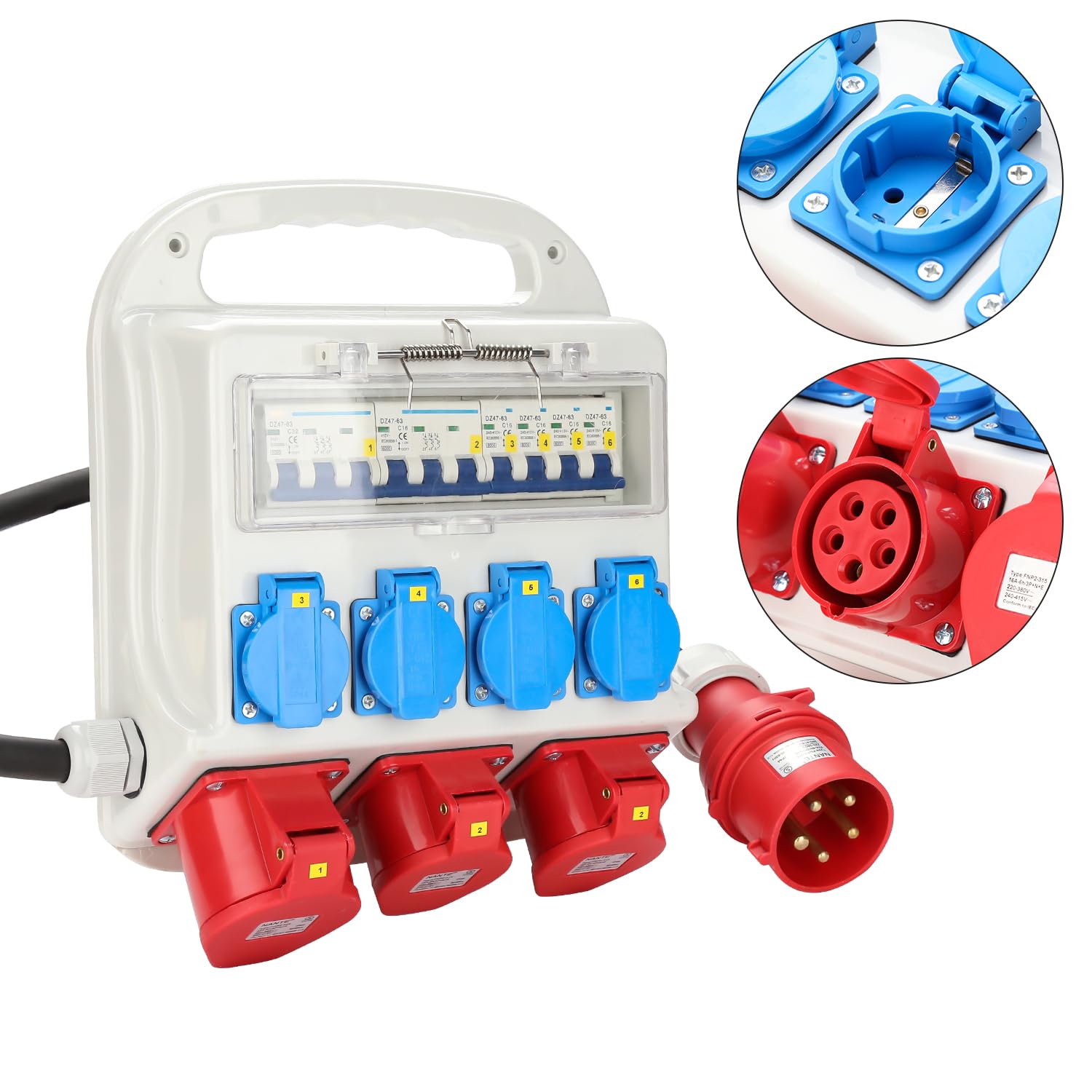 Distribuidor de pared, 2 x CEE 16A 400V+1 x CEE 32A 400V+4 x 230V Schuko IP44 Distribuidor de corriente de obra de 5 polos, cable de goma resistente alimentación, tomas de corriente