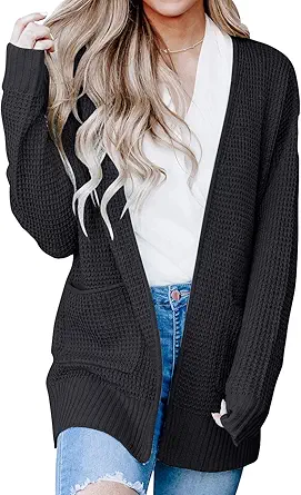MEROKEETY Womens Long Sleeve Waffle Knit Cardigan Open Front Side Slit Sweater