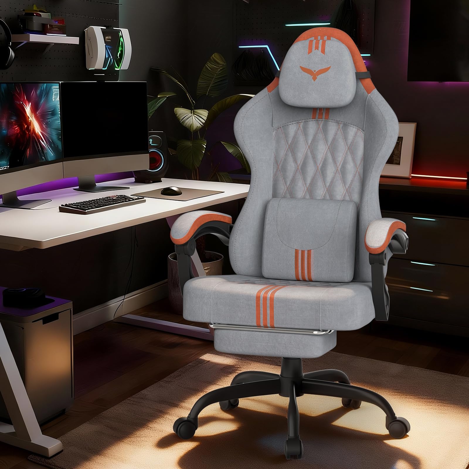 Verdego Silla Gaming, Silla Gamer Ergonómica con Masajeador CojÃn Lumbar, Reposapiés Retractable y Reposacabezas, Terciopelo, Reclinable 90-145°, Altura Regulable 10cm, Sillas Gaming, Gris y Naranja