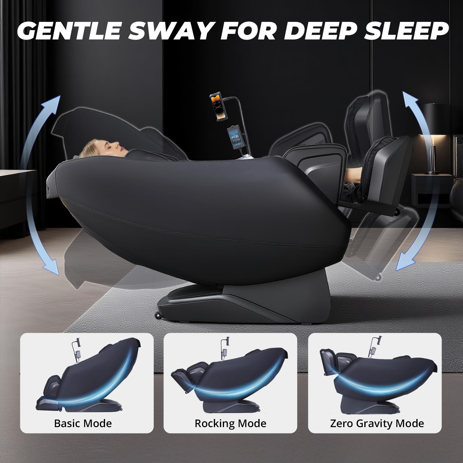 HealthRelife 4D Massagesessel mit Zero Gravity, SL-Schiene, 3D-Heizsystem, Schaukelfunktion, Shiatsu-Massage, Touchscreen-Steuerung Schwarz