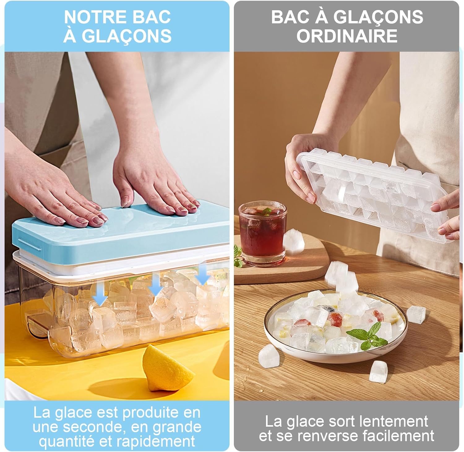 Ice Cube Tray, Ice Cube Mould with Lid and Receptacle, Releases All Ice Cubes in One Second, Double Layer Ice Cube Mould with Spoon, 64 Ice Cube Trays for Baby Food, Drink (Blue)