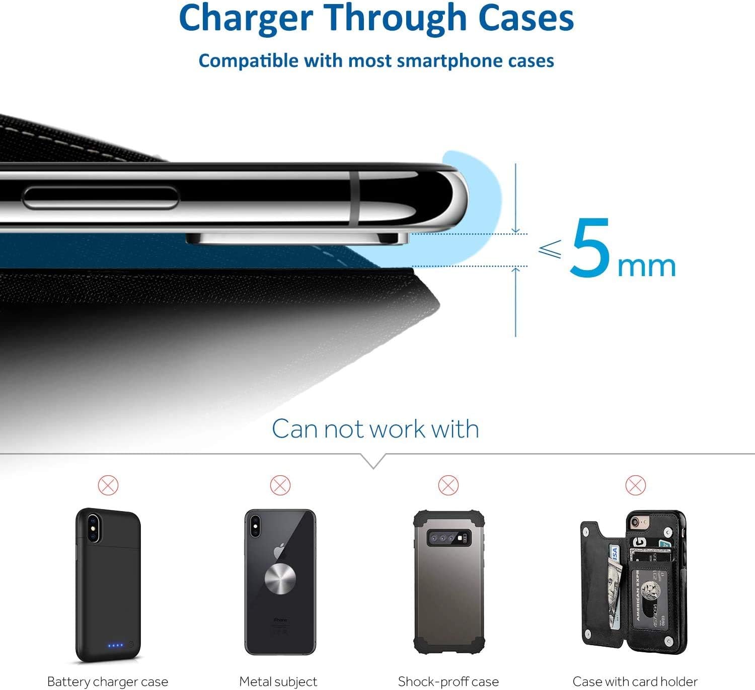 Diagram illustrating wireless charging through phone cases up to 5mm, and showing types of cases that are incompatible: battery cases, metal cases, thick shock-proof cases, and wallet cases.