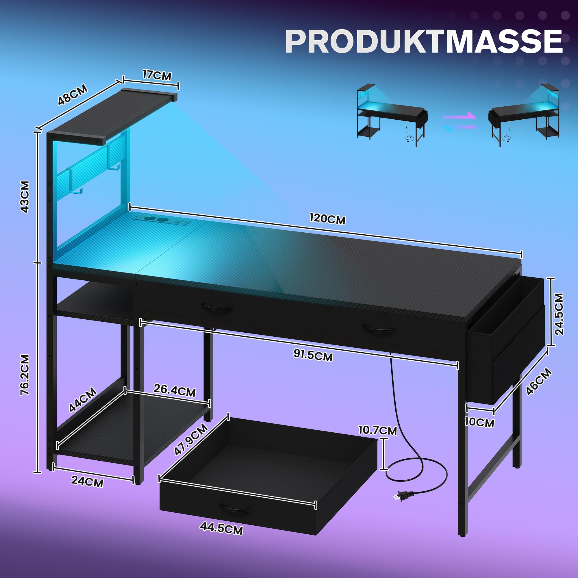YOUDENOVA Scrivania Gaming Reversibile con LED e Multipresa, Scrivania per Computer 120 cm Compatta con 2 Cassetti, Mensola Regolabile, Tavolo PC per Piccole Camere e Uffici Domestici Nero