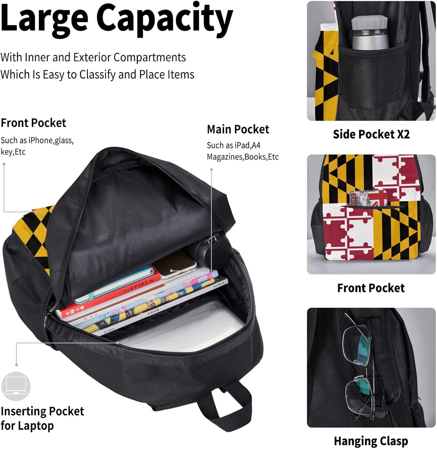 WURTON Maryland State Flag Print Shoulder Backpack 3 In 1 Bookbag Set Lunch Box Pencil Case Travel Laptop Daypacks