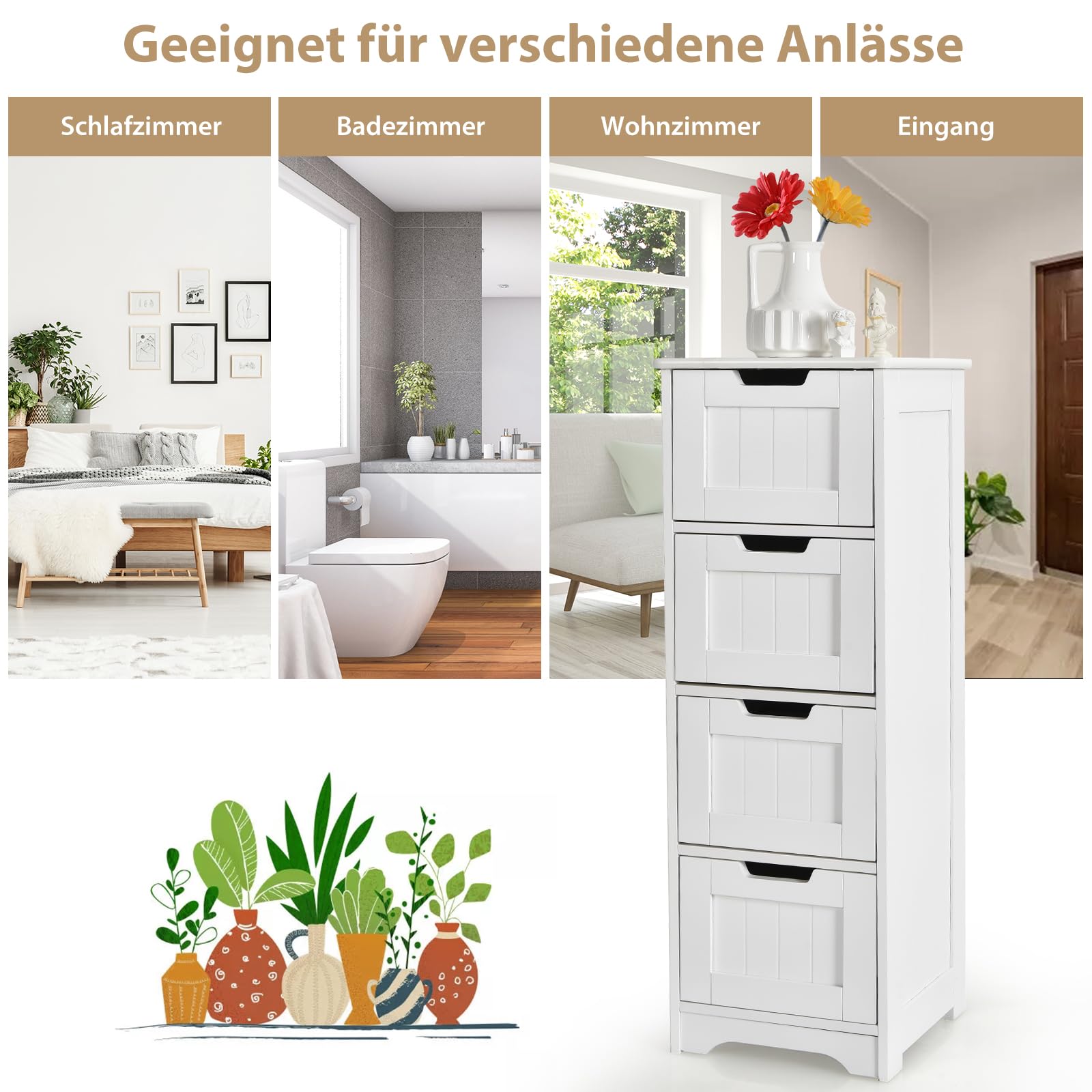 COSTWAY Szafka łazienkowa z 4 szufladami, komoda łazienkowa wolnostojąca, szafka łazienkowa midi, szafka boczna do łazienki, salonu, biura, 30 x 30 x 83 cm (biała)
