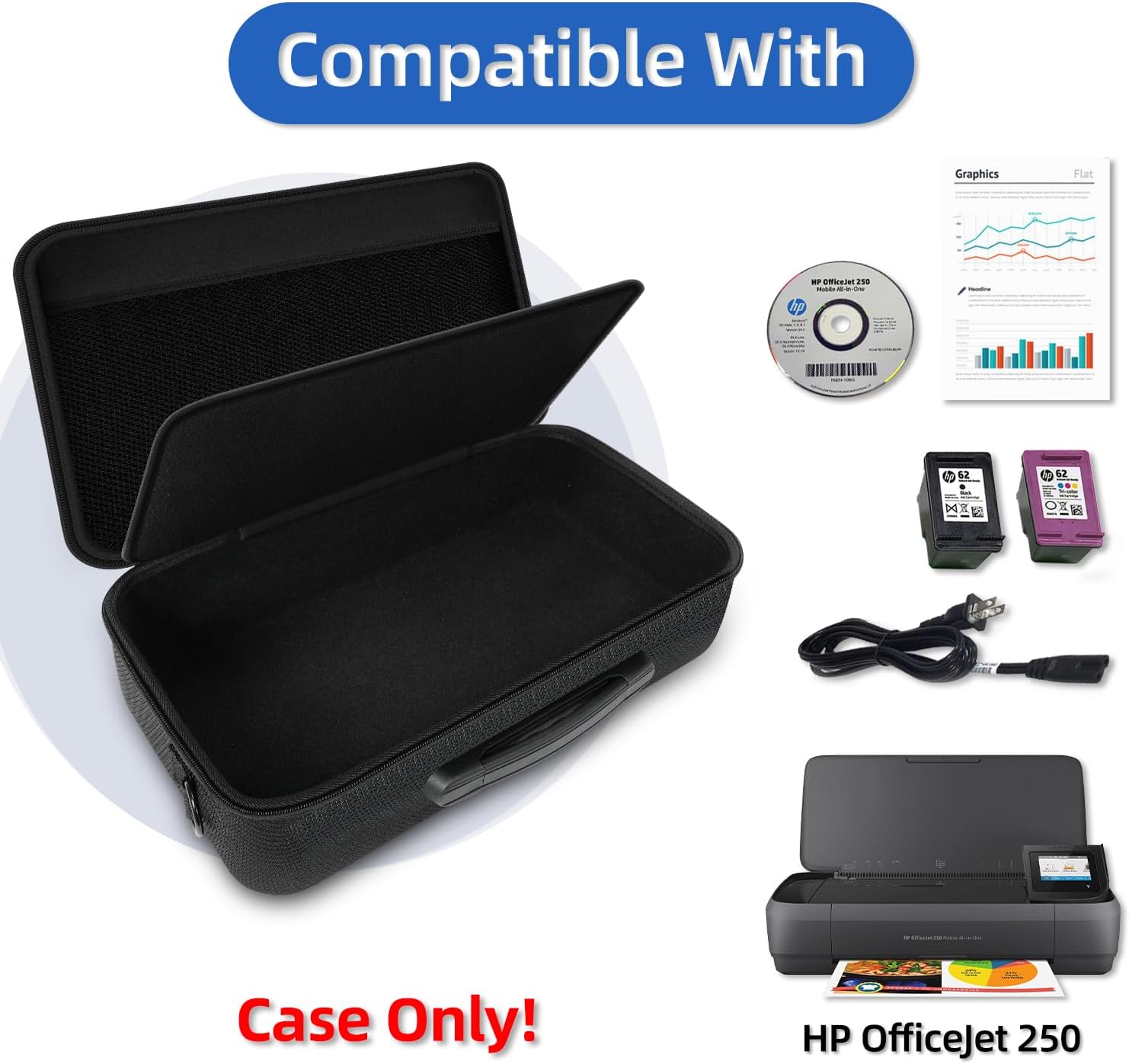 Hard Travel Case for HP OfficeJet 250 All-in-One Portable Printer (CZ992A), Printer Storage Carrying Bag with Padded Protection and Adjustable Shoulder Strap (Case Only)