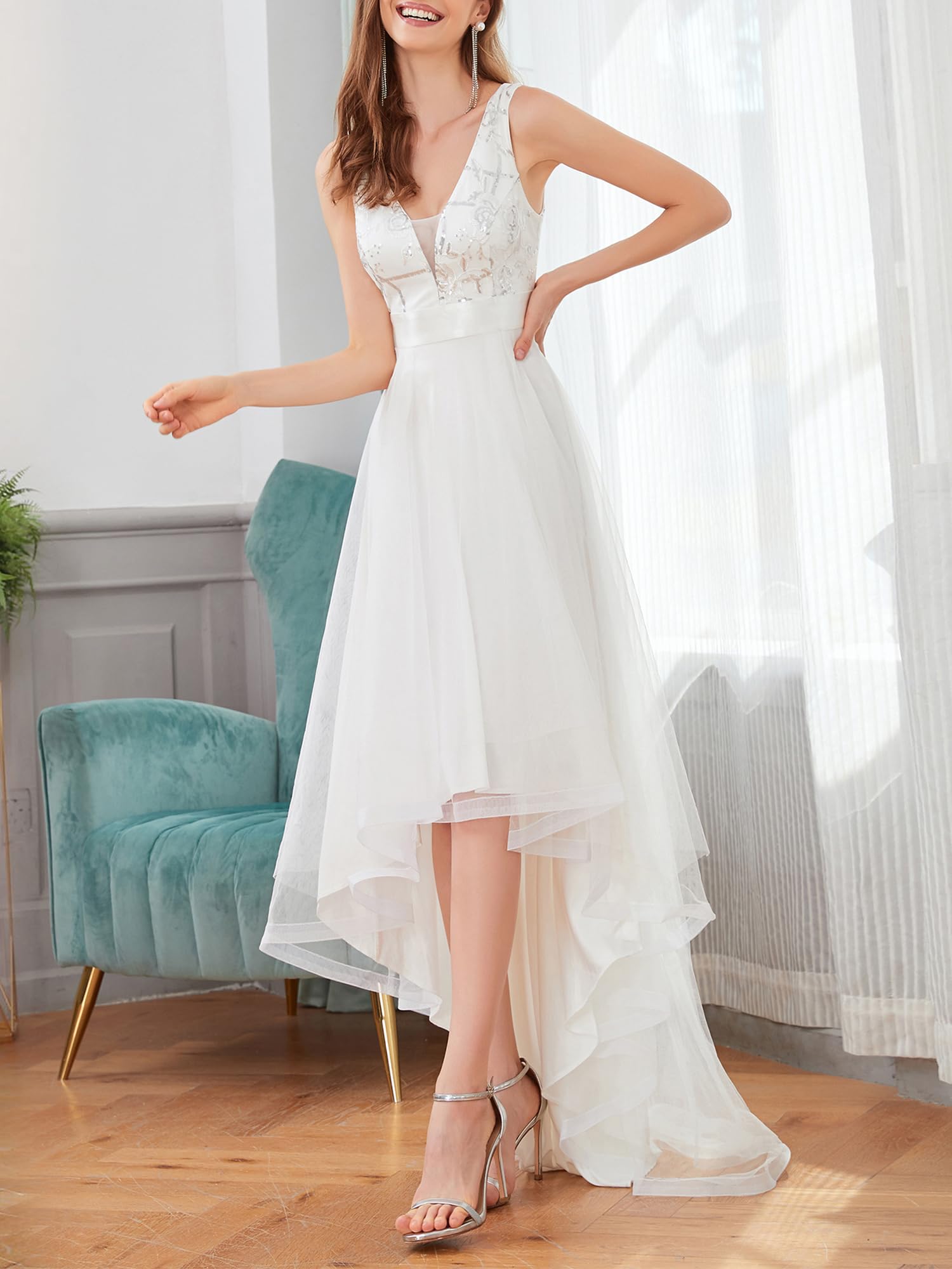Ever-Pretty Asimétrico Vestido de Fiesta Largo Mujer Tul Lentejuelas Alto Bajo Escote V A-línea Imperio 00793