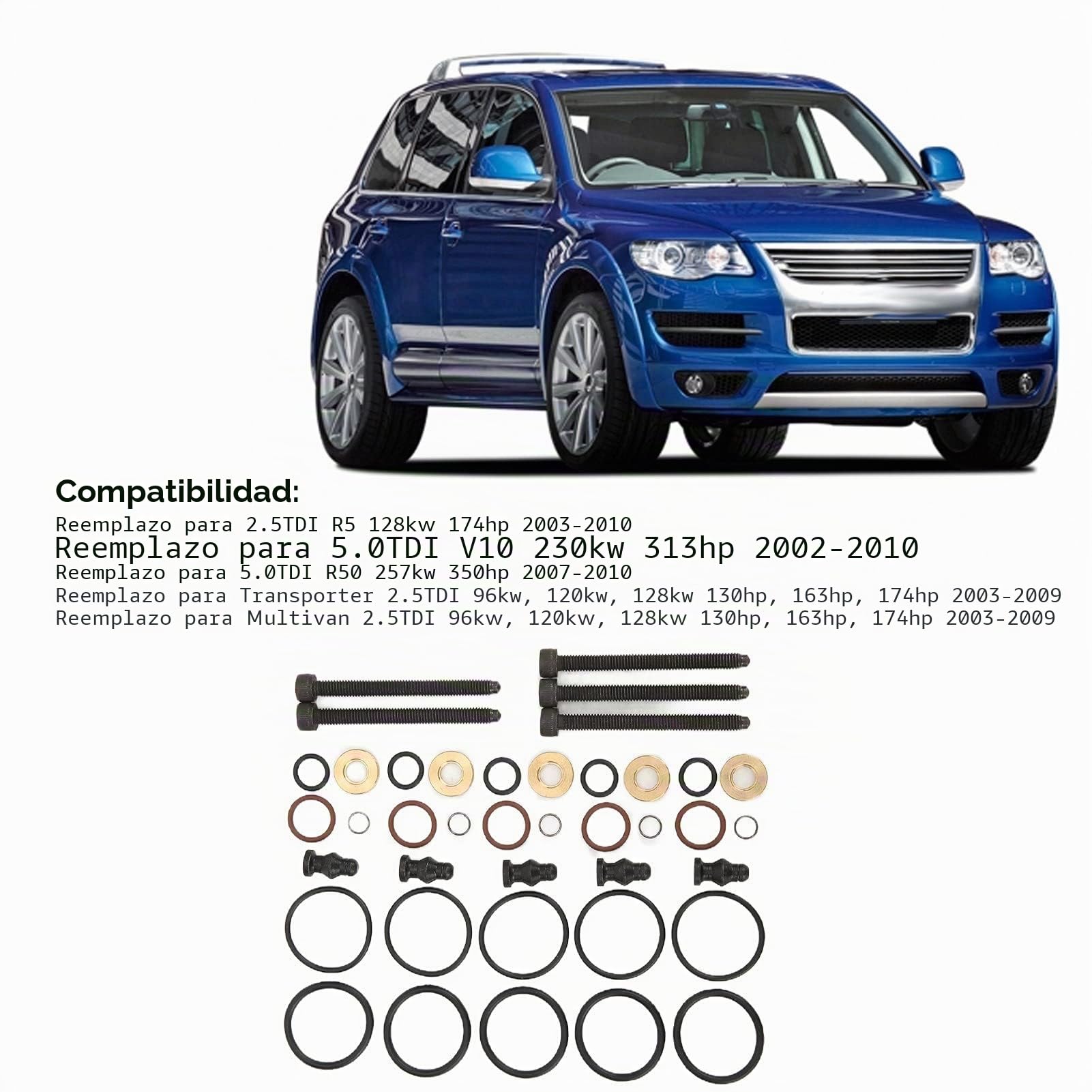 Sellos de Inyector de Kit con 5 Tornillos 038198051B Reemplazo para 2.5TDI R5 128kw 2003 2010, Compatible con 038198051C, 1417010997, 070103385A, Juntas de Inyector de Ajuste