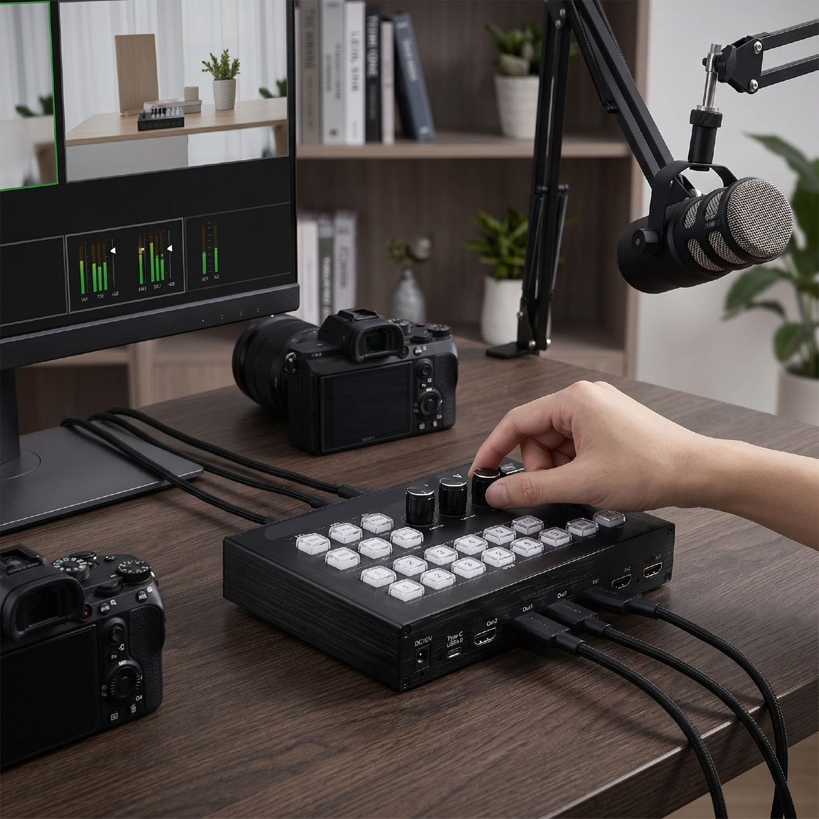 ASHATA Switcher Mixer Video HDMI, 1080P 60Hz Mixaggio Audio Live HDMI 4 Ingressi 2 Uscite (Spina europea)