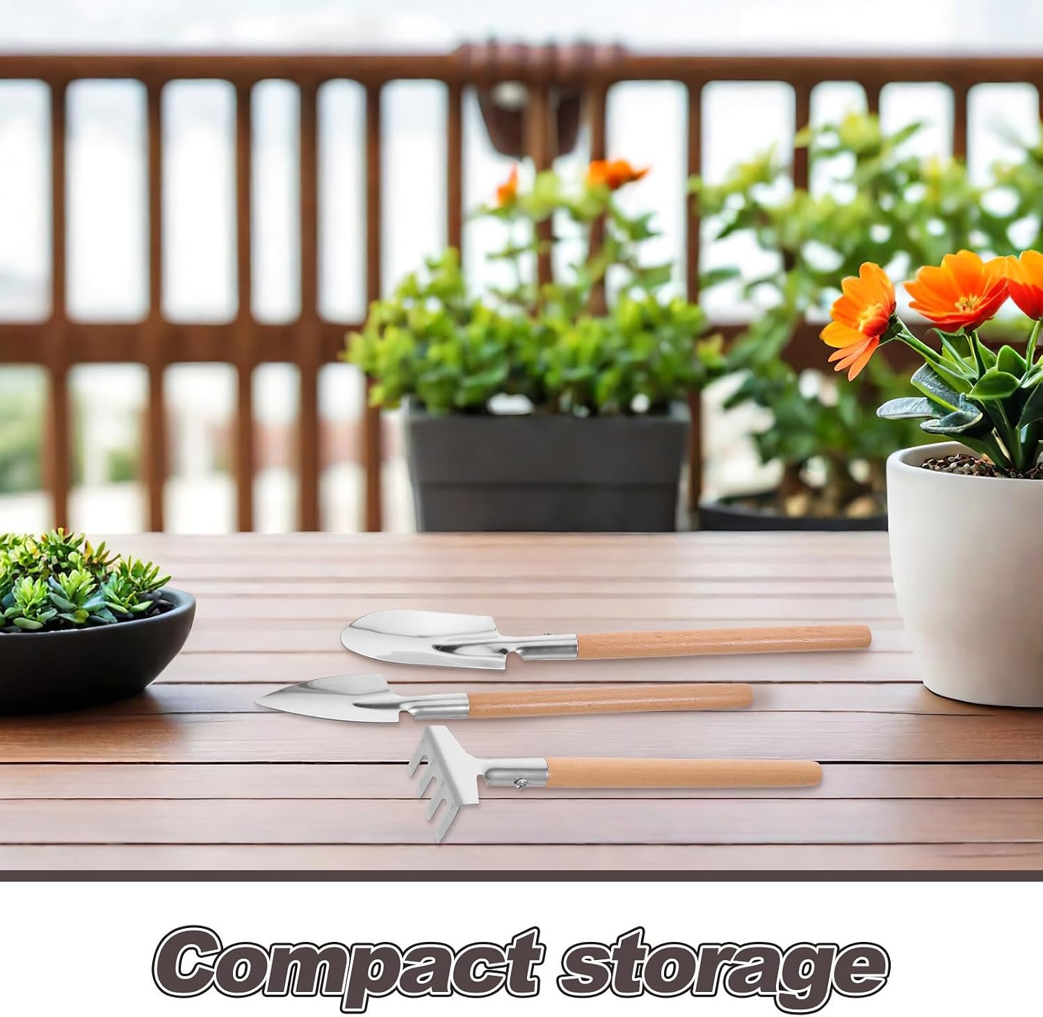 Mini Garden Tools Set 3 in 1 Wood and Stainless Steel image 3