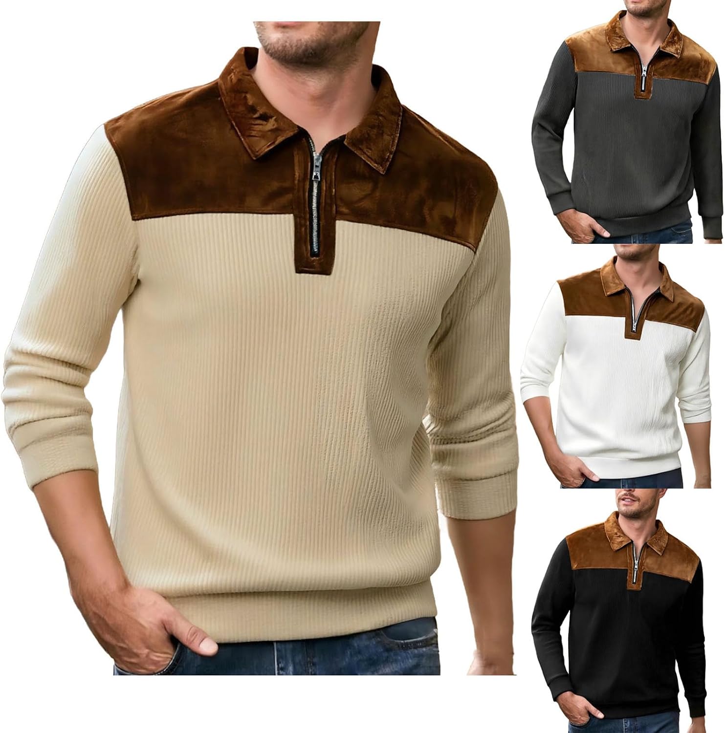 Cambkatl Vintage Patchwork Lapel Sweatshirt for Men Stylish Quarter Zip Long Sleeve Business Casual Workout Pullovers