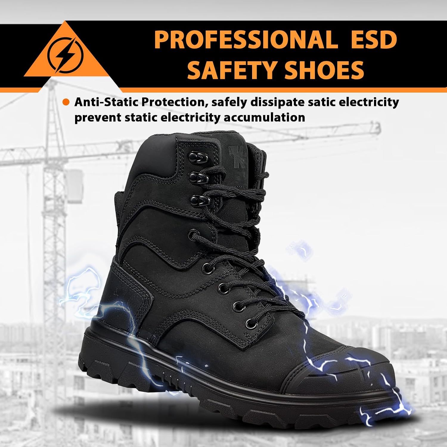 Mens Steel Toe Boots - Industrial Work Boot ASTM 2413-24, Genuine Nubuck Leather Safety Boots Tactical Boots Water Resistant, Puncture Proof, Oil and Slip Resistant, ESD, Reinforced TPU Toe