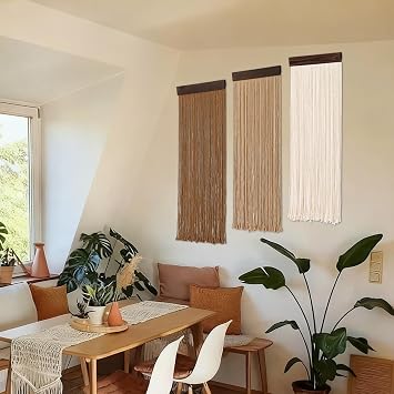 Weldomcor 3PCS Macrame Wall Hanging Boho Chic Home Decor, Handmade Tassel Yarn Tapestry Modern Wall Art Decorations for Living Room Bedroom Office Nursery Backdrop (Brown White)