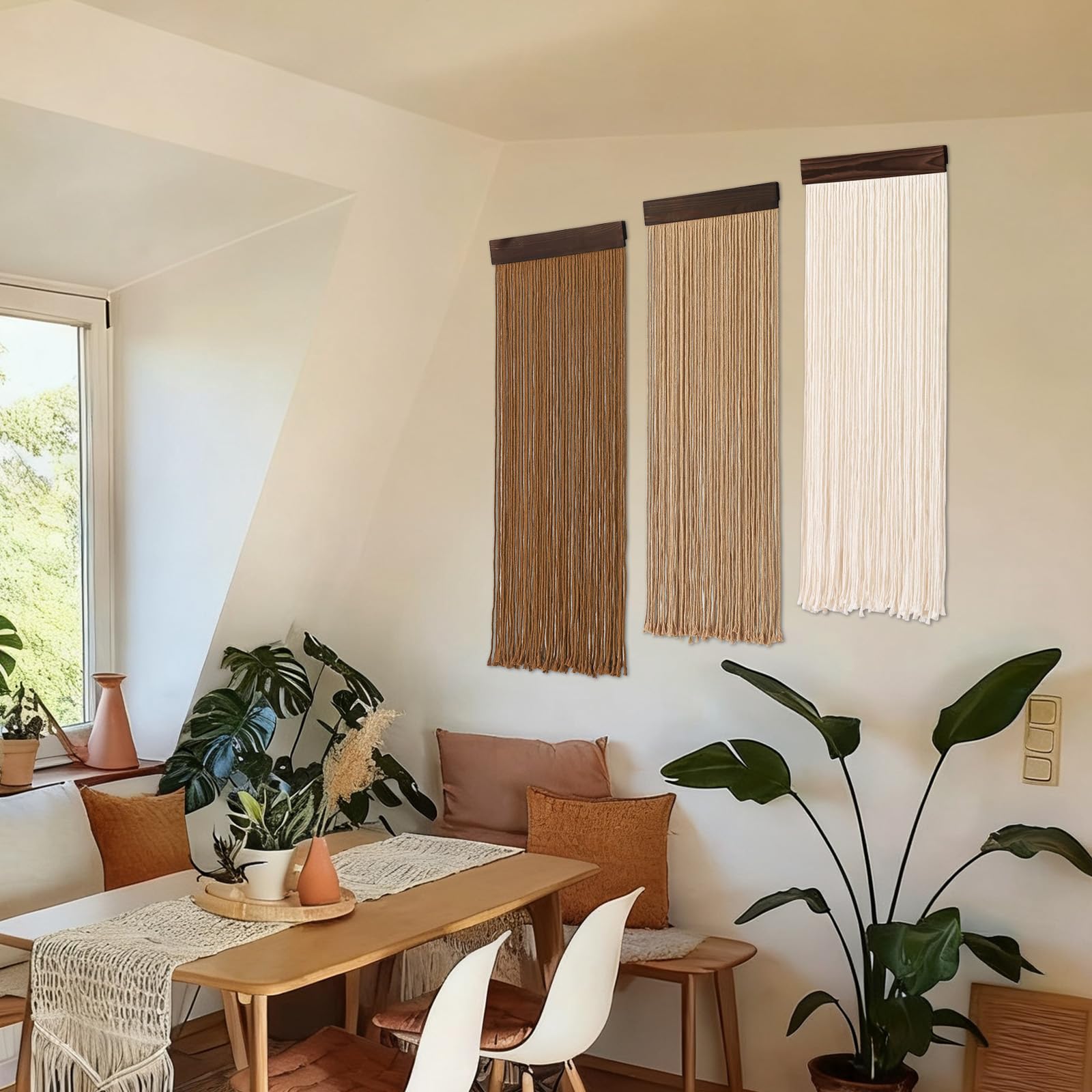 Weldomcor 3 piezas de hilo de macramé boho chic decoración del hogar, 30 x 92 cm, borlas, tapiz moderno hecho a mano, gran decoración de pared para salón, dormitorio, habitación de los niños