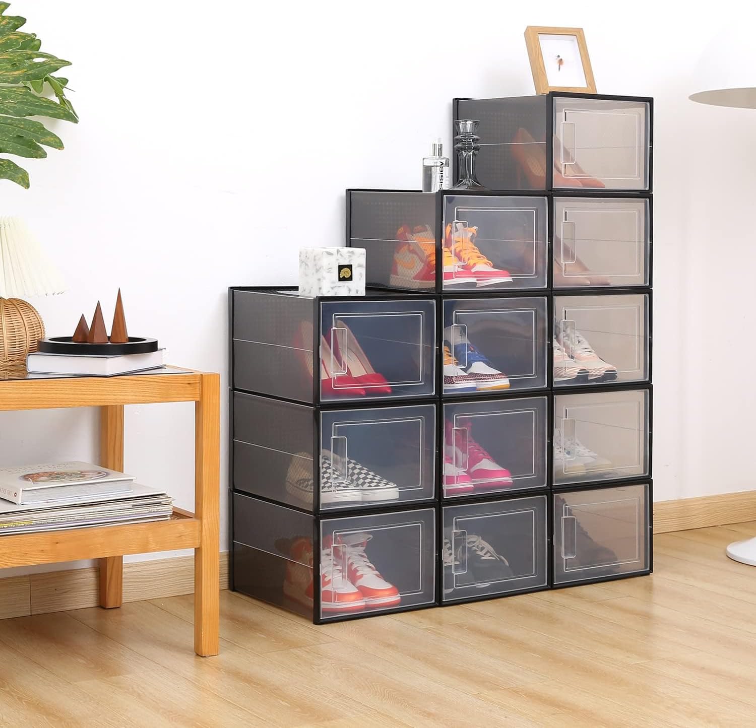 Ohuhu Shoe Storage, Ultra Large Shoe Organizer Heavy Duty 6 Pack Plastic Storage Bins Container Boxes Clear Stackable Sneaker Case Drawers Front Opening for Closet and Entryway Fit up to US Size 14
