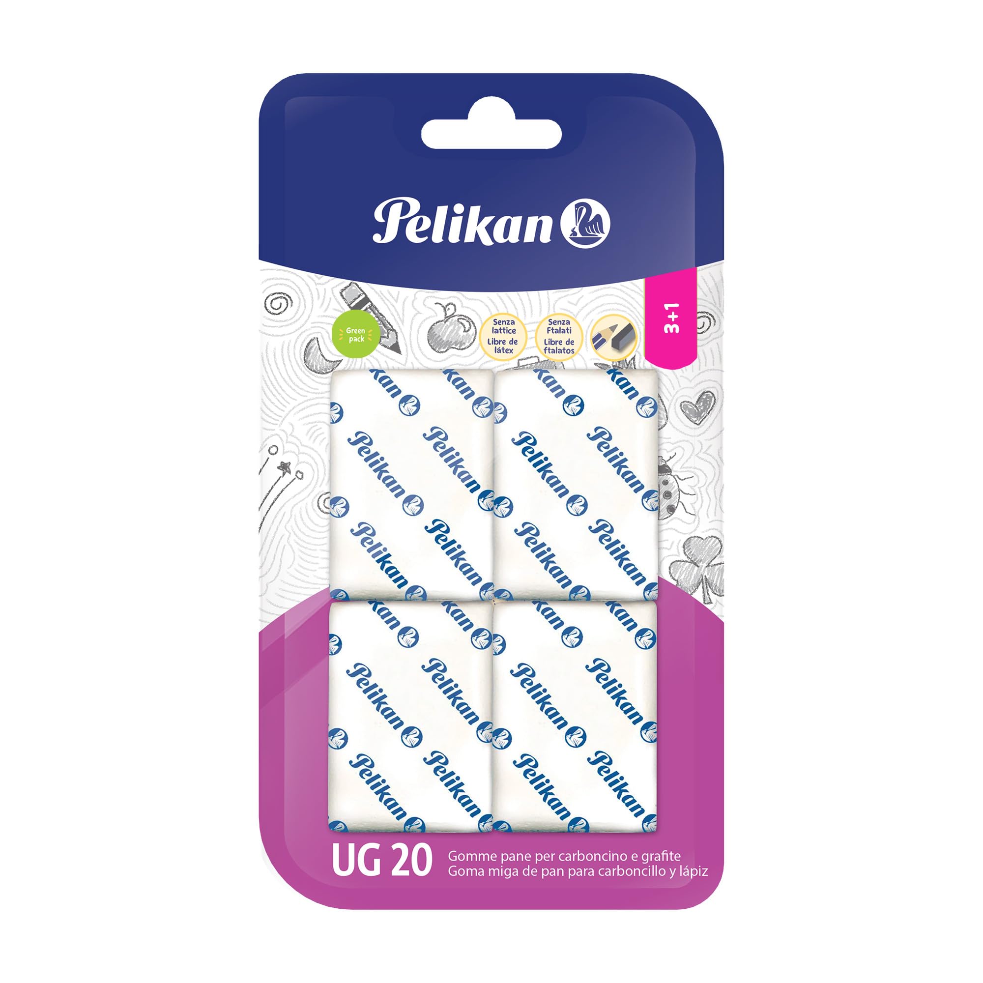 Pelikan Erasers UG20, White Rubber, Suitable for Technical and School Drawing, for Charcoal and Graphite, Made in Germany, Pack of 4