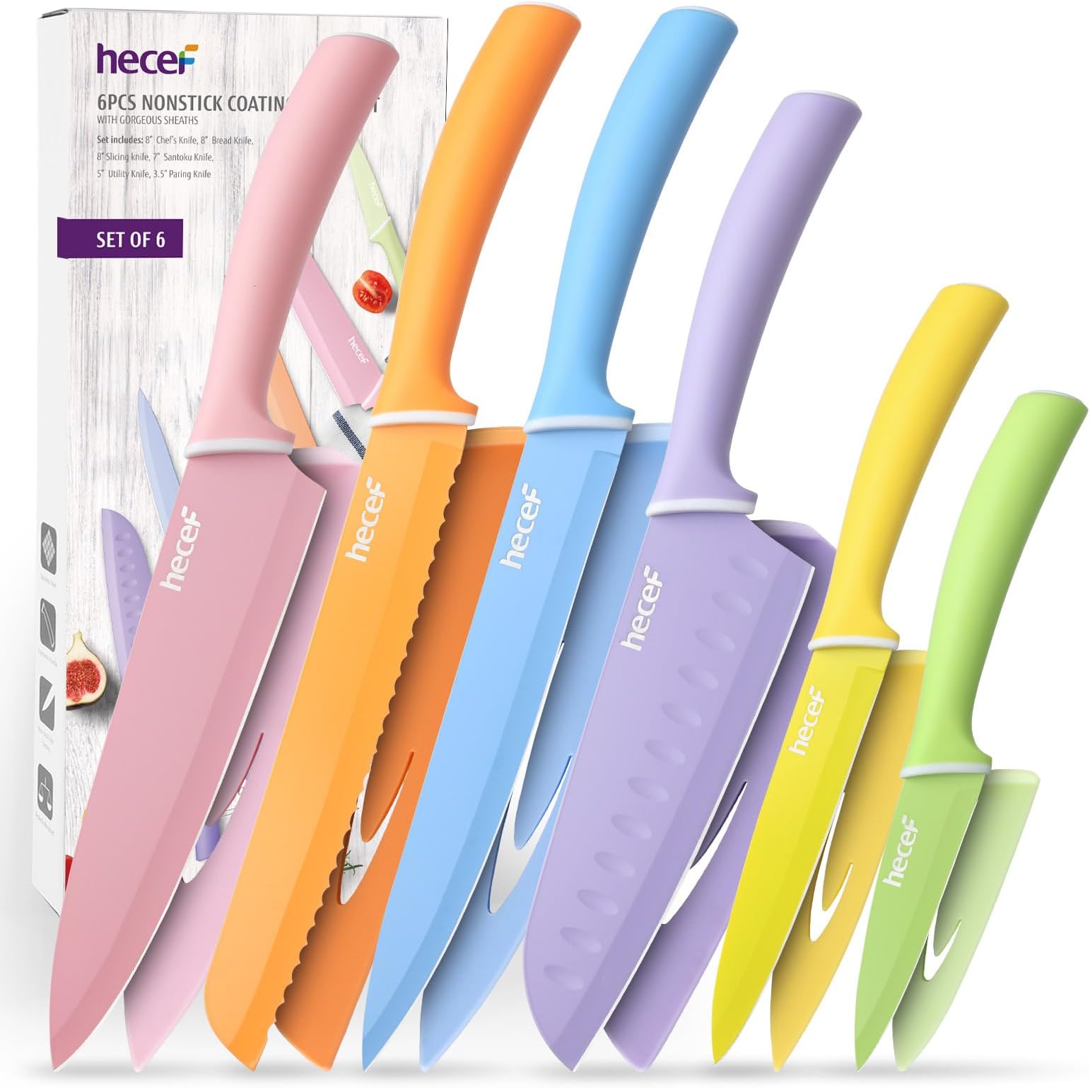 hecef Kitchen Knife Set of 6, Stylish Colorful Non-Stick Coating Blade, Sharp Stainless Steel Knife Set โ Elevate Your Kitchen Aesthetics