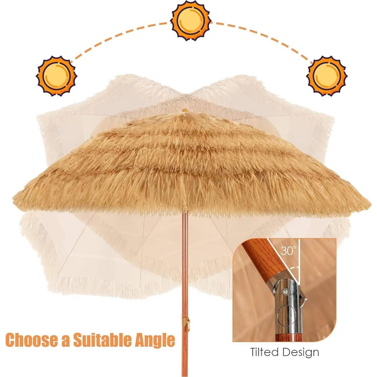 KOMFOTTEU Ombrellone da Spiaggia 200 cm, Parasole Hawaiano, Antivento, Impermeabile, Anti UV, in Paglia Pieghevole e Portabile, Ombrellone in Rafia per Giardino, Balcone, senza Base, Giallo
