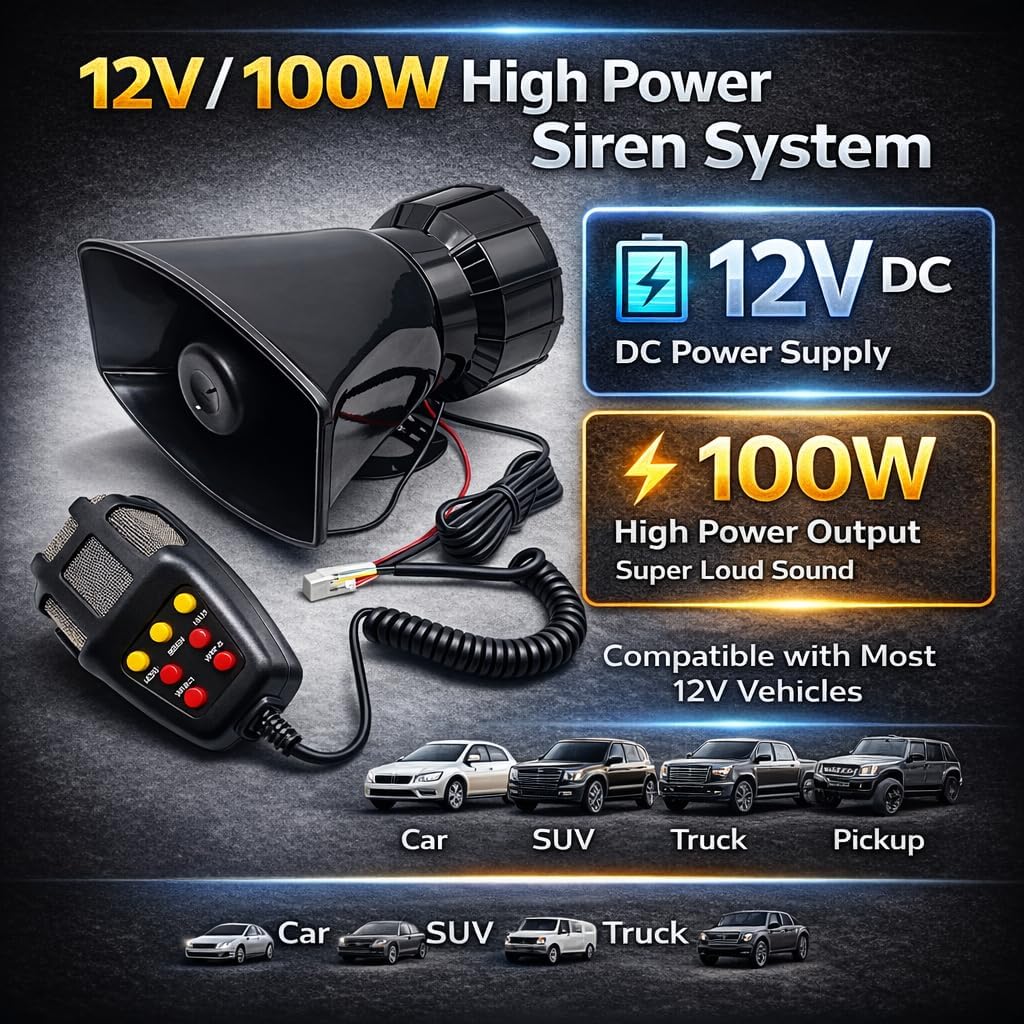 Varku Car Siren Horn,7 Tone Sounds Loud Car Warning Alarm 12V 100W Multi-Sound Alarm Speaker,Remote Control,Square Mouth,Universal for Car Truck SUV Emergency Warning and Security