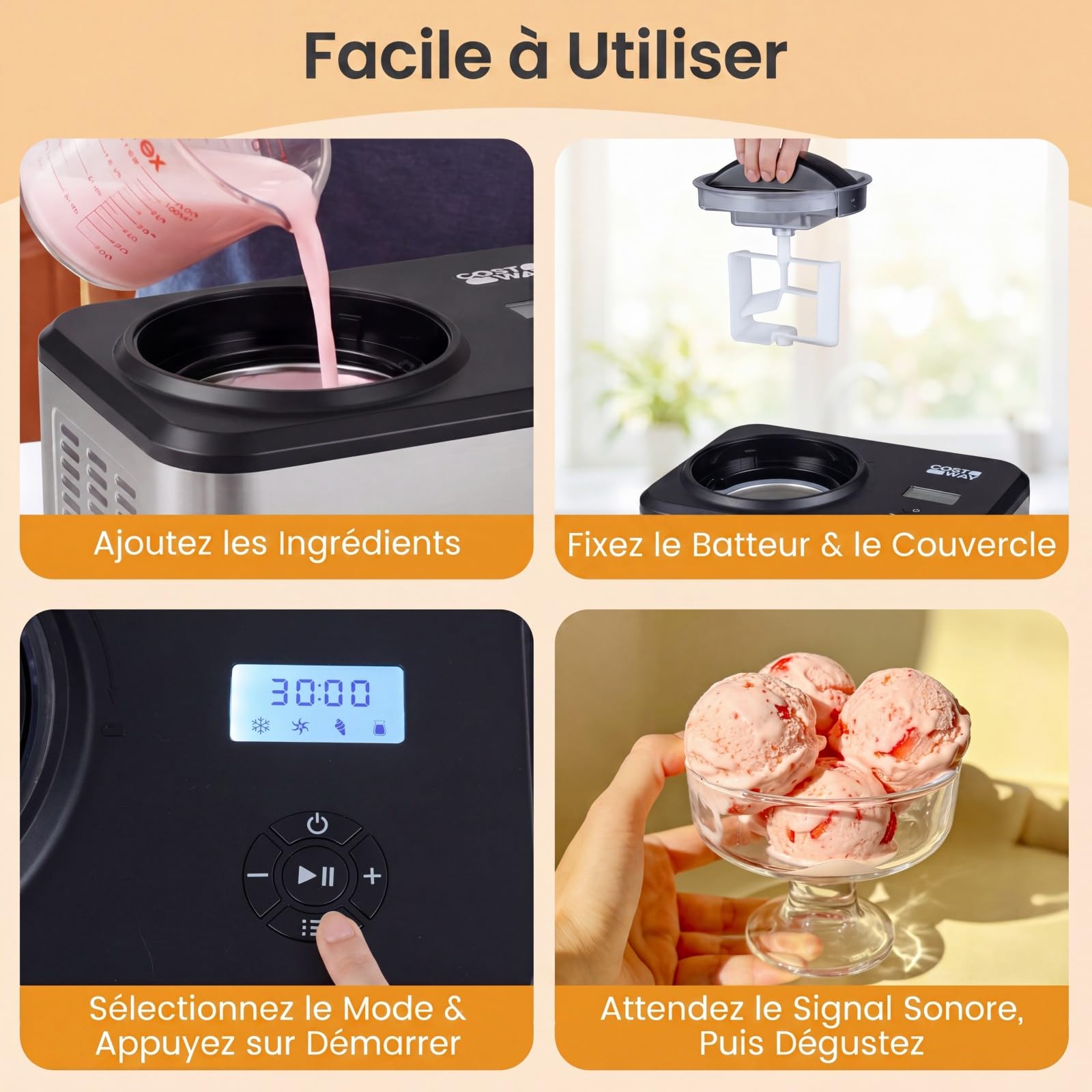 COSTWAY Sorbetière Turbine à Glace Professionnelle 1,5L Machine à Glace avec Écran LCD, 120W, Minuterie, Compresseur Intégré, Maintien du Froid, Bol de Préparation Amovible Inoxydable, 3 Modes