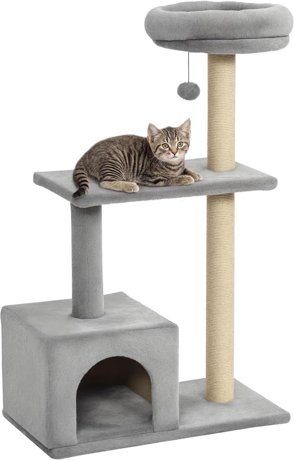 PawHut 96cm Cat Tree Condo Sisal Scratching Post Cat Tower Kitten Play House Dangling Ball Activity Center Furniture Grey