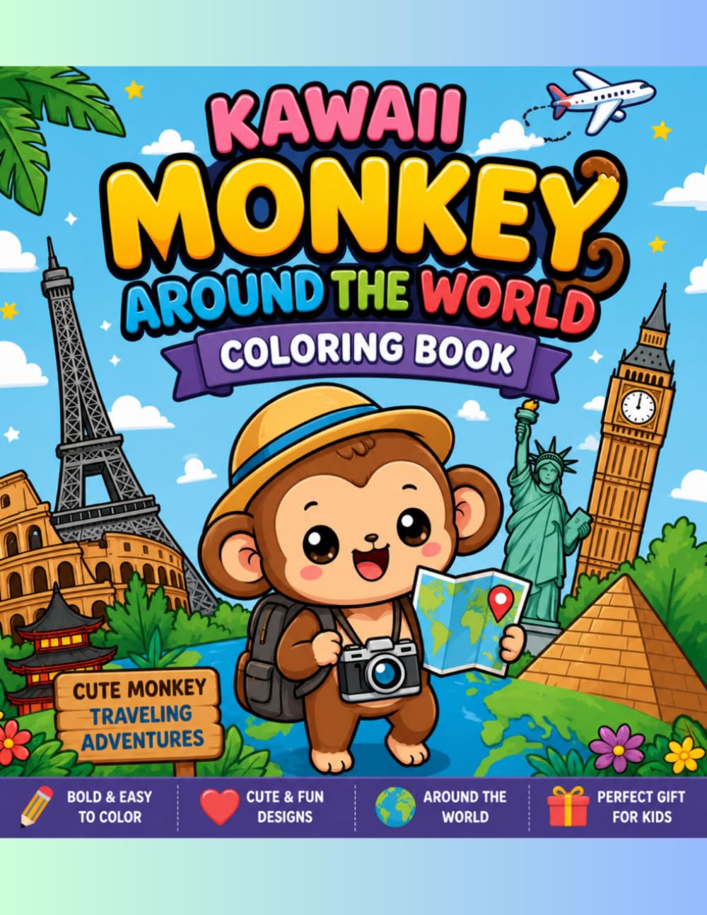Kawaii monkey around the world coloring book