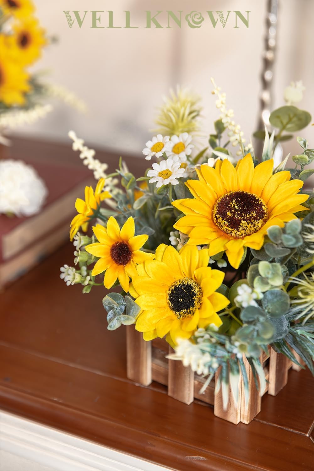 WELL KNOWN Artificial Sunflower Plants in Wooden Baskets, Faux Sunflower and Mini Wild Flowers Arrangement in Planter for Home Hotel Office Table Centerpieces & Gift (Set of 2) - Image 7