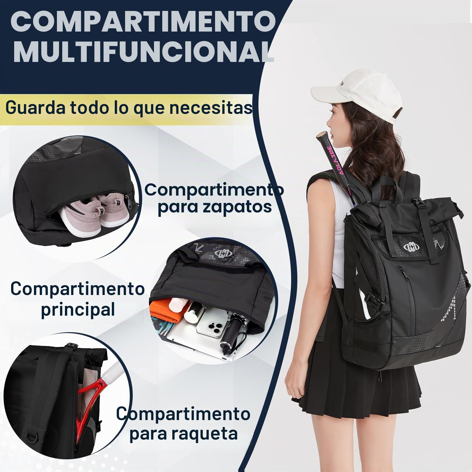 Mochila de Tenis con Capacidad para 2 Raquetas, Bolsa de Tenis con Compartimento Zapatos